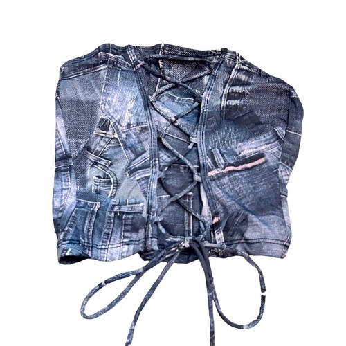 frankies bikinis Jayden Lace Up Top Blue Jean Print Size Medium Strapless NEW - Picture 4 of 8
