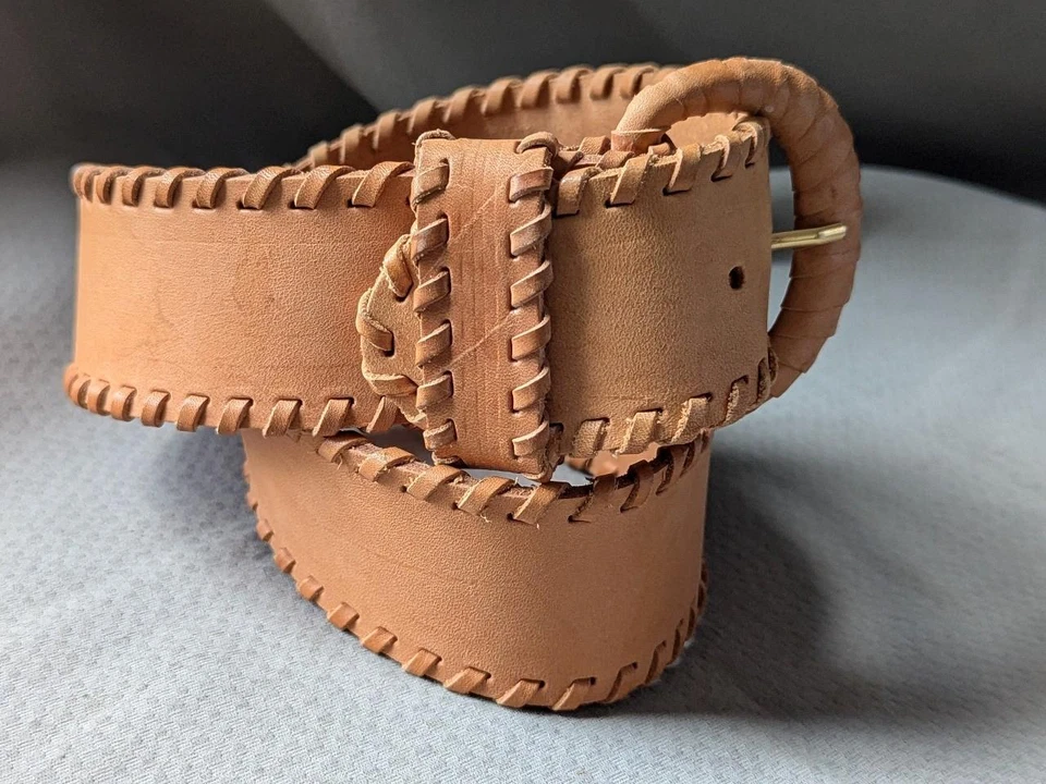 vintage CHRISTIAN DIOR leather belt 30 saddle cowhide WIDE natural brown 1980s - Image 2 of 4