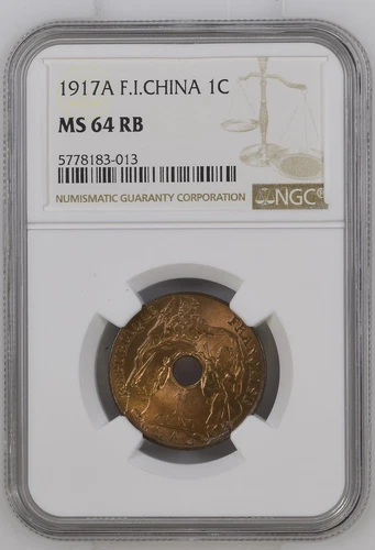 French Indochina: unc RED BROWN BU 1 cent 1917 NGC MS64RB