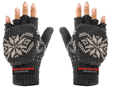 Wool Blend Snowflake Insulated Flip Top Fingerless Mitten Gloves FREE  SHIPPING