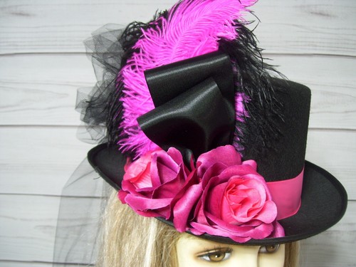 Black Top Hat with Pink Roses Halloween Top Hat Kentucky Derby Hat Burlesque Hat - Picture 2 of 5