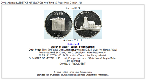 2001 Switzerland ABBEY OF MUSTAIR Old Proof Silver 20 Francs Swiss Coin i101514 - 第 3/3 張圖片