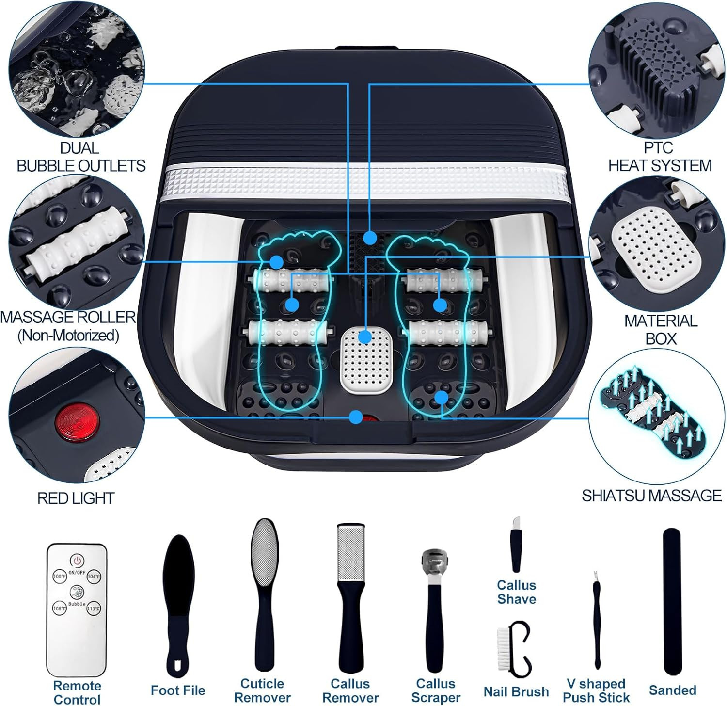 Collapsible Foot Bath Spa with Heat, Remote Control, Massage Rollers, Bubble, Fo