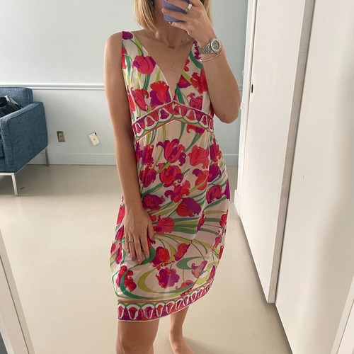 Emilio Pucci V Neckline Sleeveless Floral Dress Red Medium