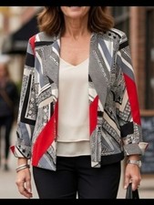 Chico's Geometric Print Blazer Jacket Red Black Size 3 XL Cotton Blend Zip Pocke