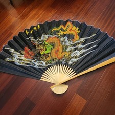 Vintage Large Chinese Wall Fan Hand Painted Dragon Bamboo Folding Black