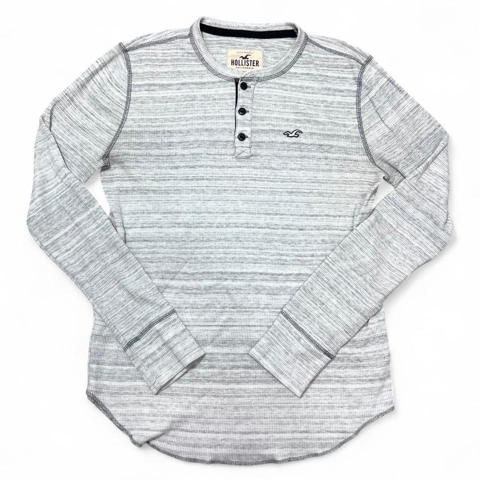 Hollister Vintage Y2K Men Long Sleeve Henley Shirt Grey Logo