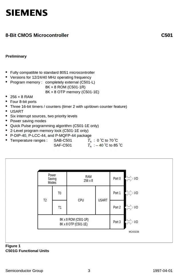1X SAB-C501G-L40N SAB 80C32 Siemens 8051 Microcontroller 40 MHz PLCC-44 CMOS - Image 2 of 3