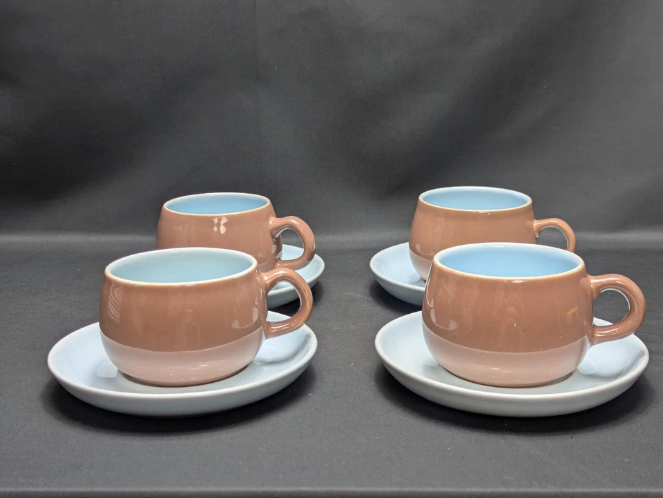 Set Of 4 Vintage Langley/Denby Lucerne Cups & Saucers Two Tone Blue/Brown - Image 2 of 4