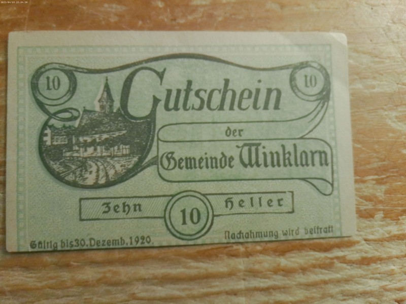 1920 10 HELLER GUTSCHEIN der GEMEINDE MINKLARN NOTE