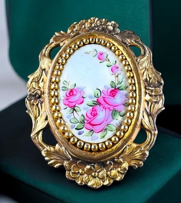 Vintage Victorian Revival Ornate Brooch Pink Painted Roses On Glass