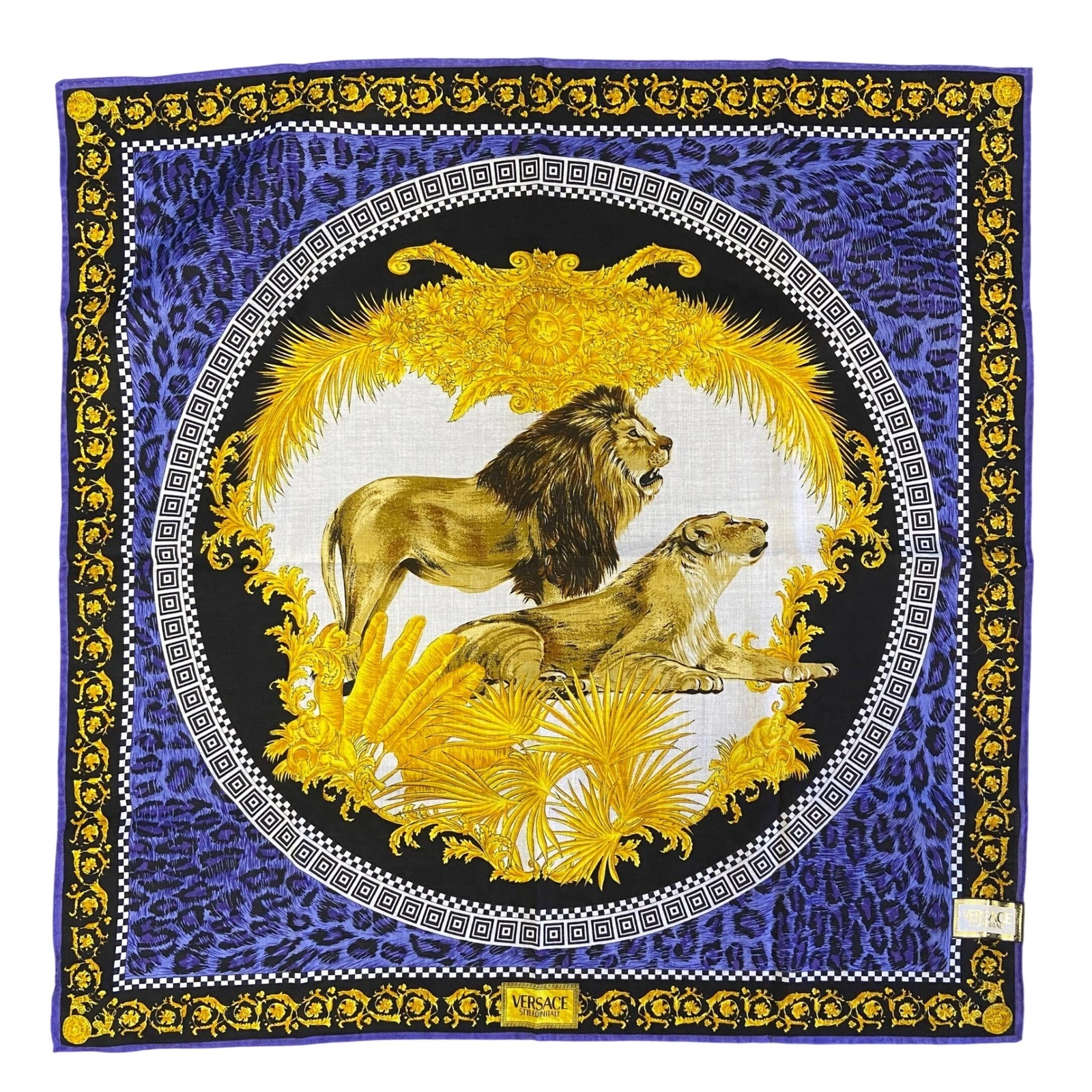 Versace Styled in Italy Lion Leopard Print Cotton Scarf Pocket Square Purple