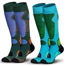 Merino Wool Ski Socks Mens Womens 2 Pairs for Skiing, Large 2 Pairs-green blue