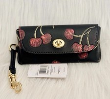NWT COACH CDD74 Sunglass Case In Smooth Leather With Cherry Print in Black Multi