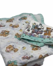Vtg Morgan Curity Quilted Baby Blanket Ruffled Teddy Bears Blocks + Receiving