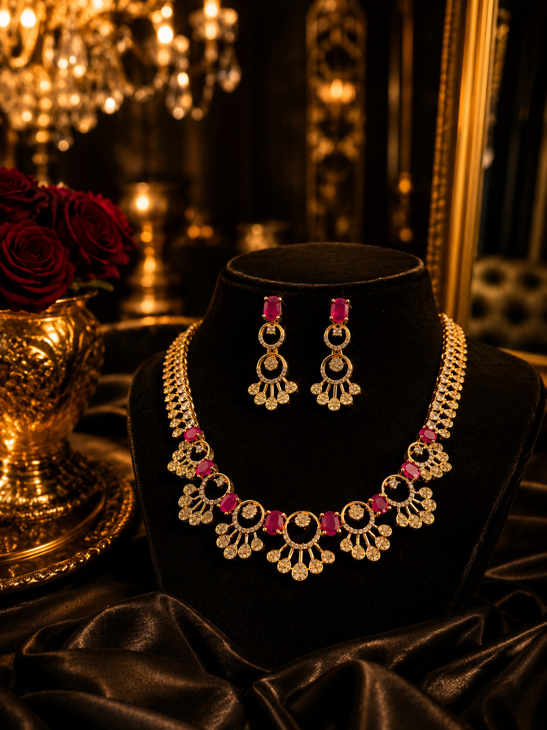Elegant Ruby Red Crystal Gold-Plated Necklace & Earrings Set for Women | Bridal 