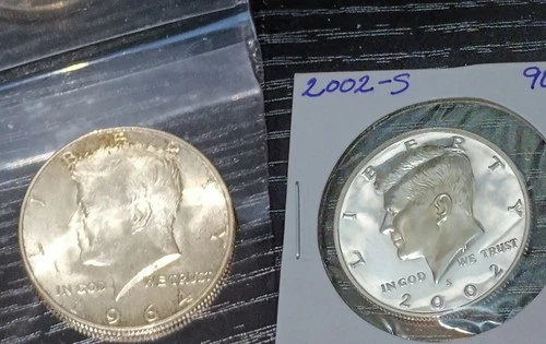 BELOW MELT! Silver 1964 and 2002 S Proof/Unc 90% Silver Kennedy Half Dollars