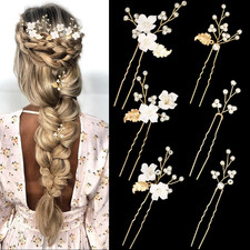 6 Pieces Flower Pearl Wedding Hair Pins, Handmade Gold Leaf Bridal Hair Styling
