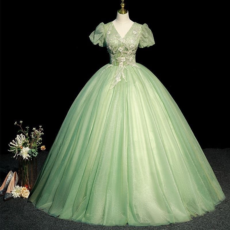 light green poofy glittery dress Women Floral Fairy Prom Shiny Sequin Beaded Princess Ball Gown Puffy Skirt Mint Green Quinceanera Dress, Off-Shoulder