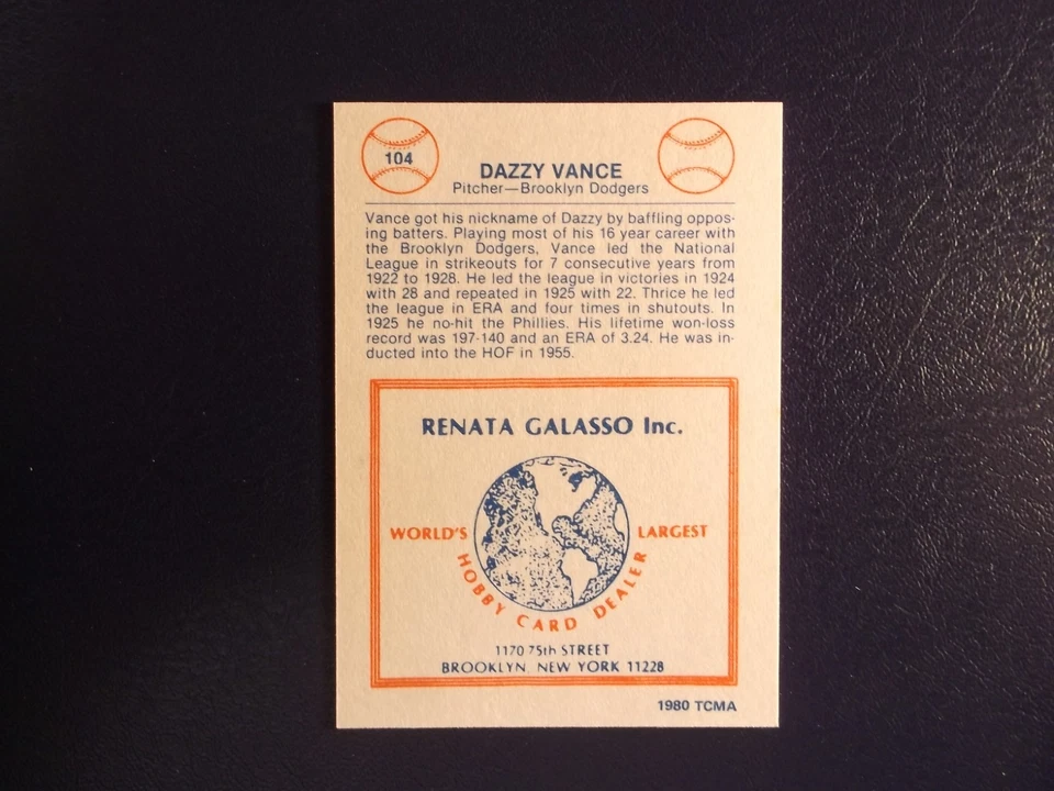 1980 TCMA Renata Galasso Inc. Dazzy Vance Card # 104 - Image 2 of 2