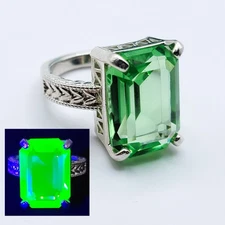 Sterling Uranium Glass Ring Large Emerald Cut 925 Silver