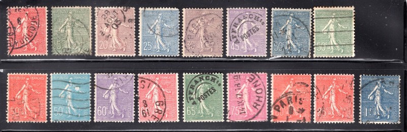 France 1903-38 Complete Set of 17 Sower, Scott 138-154 used, value = $34.40