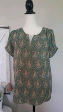 DR2 Split Neck Short Sleeve Blouse Top turquoise paisley Size Small
