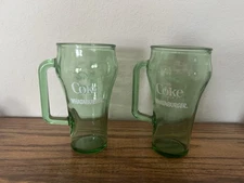 Pair Of Vintage Coca-Cola Cowboy Whataburger Green Glass Handled Mugs