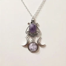 Triple Crescent Moon Necklace with Synthetic Purple Stone