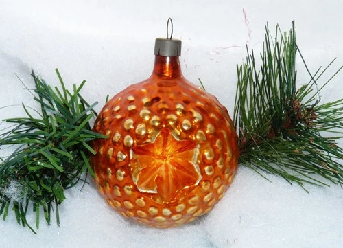 Vtg~ HEIDT ~3" INSET STAR DOUBLE INDENT~ Bumpy~ Orange Gold Glass Xmas Ornament