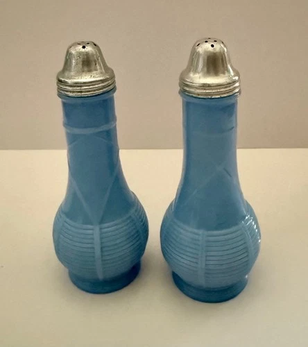 Vintage Jeannette Delphite Blue Milk Glass Salt & Pepper (Basket Weave Pattern)