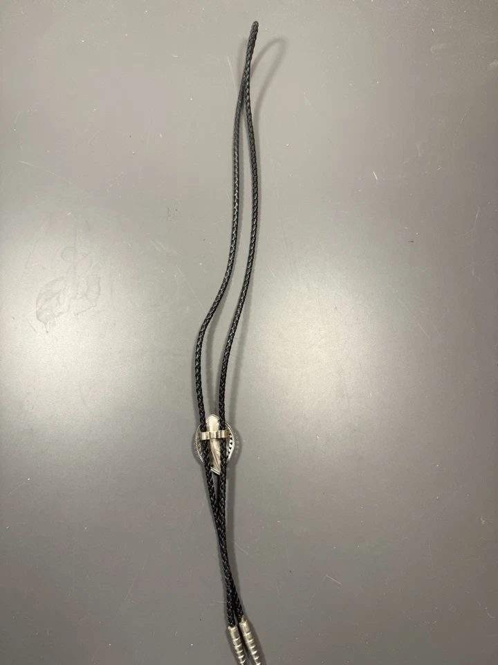 Corbata Bolo Vintage Western Negra Piedra Ónix Cuero Trenzado Foto 2 de 4