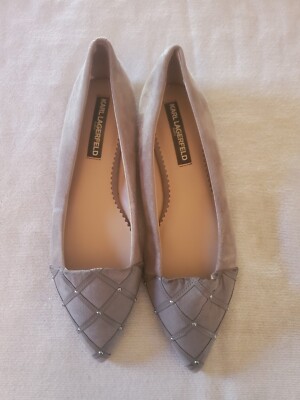 Karl Lagerfeld Nala Gray Leather Studded Pointed Toe Flats SZ 8.5 Excellent Cond