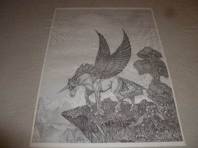VINTAGE DAN THOMPSON PEGASUS WINGED UNICORN PRINT SIGNED FANTASY DRAWING 1987 