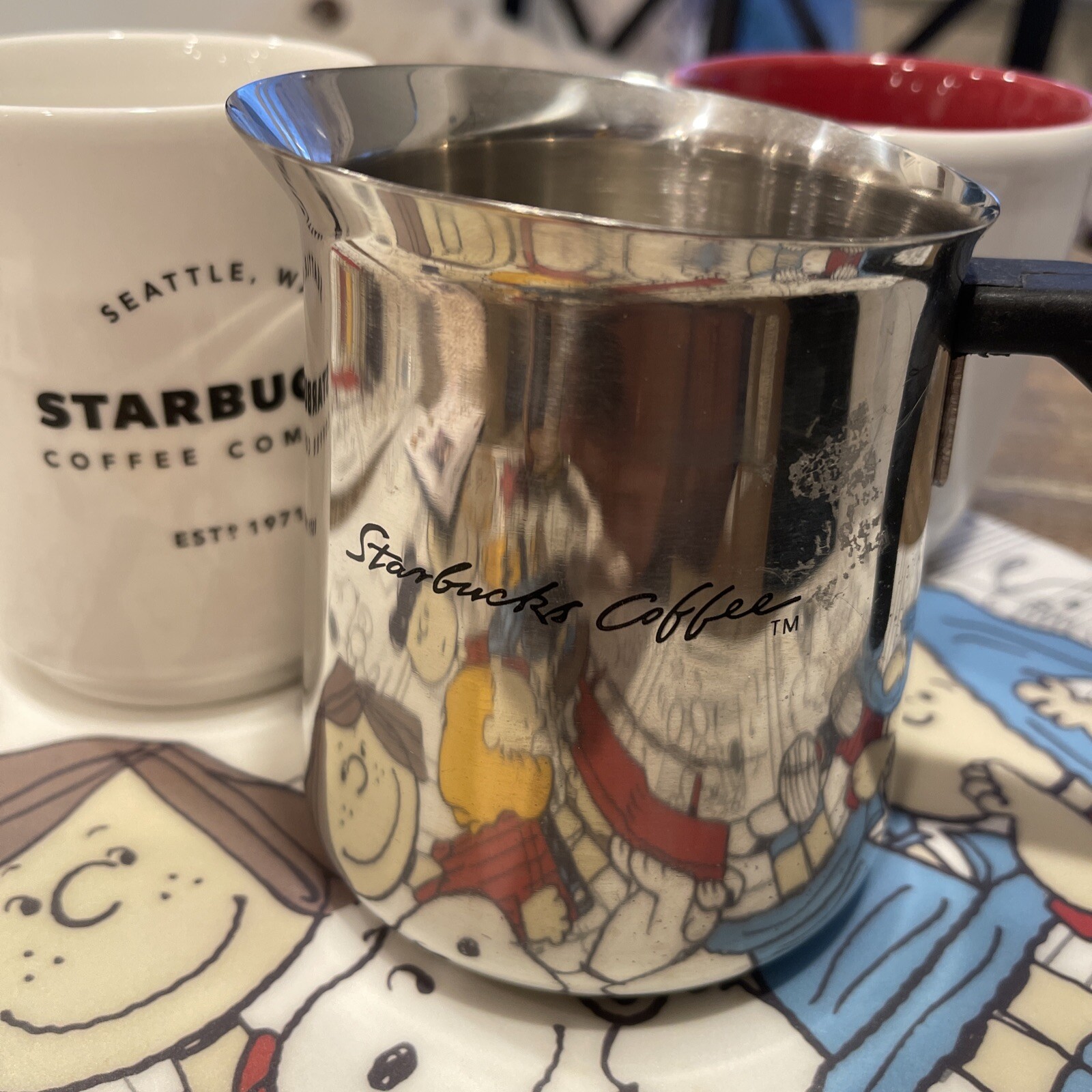 Starbucks Coffee Stainless Steel Steam Pitcher Frothing 16 Oz With Mugs