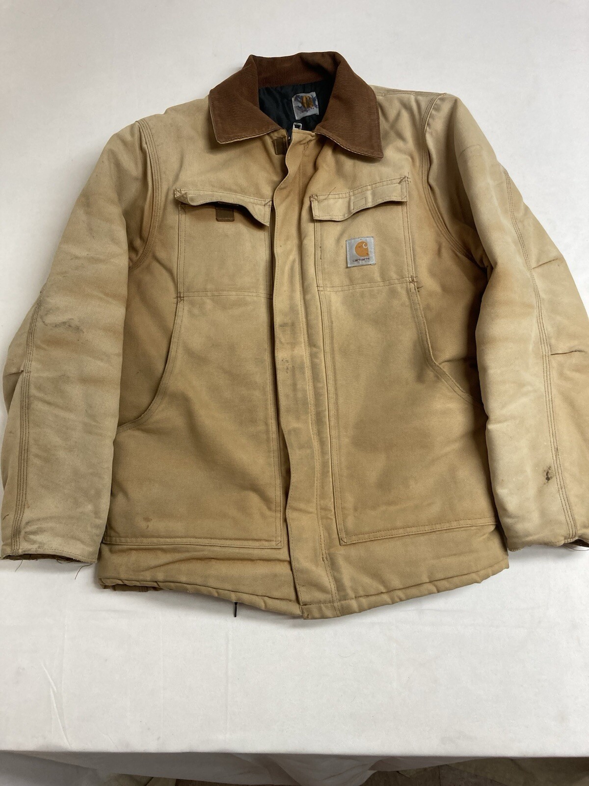 Carhartt Mens Distressed Brown Duck Canvas Quilt Lined Coat Size Large