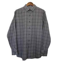 Hart Schaffner Marx Mens Button Up Shirt L Gray Flannel Plaid Long Sleeve Preppy