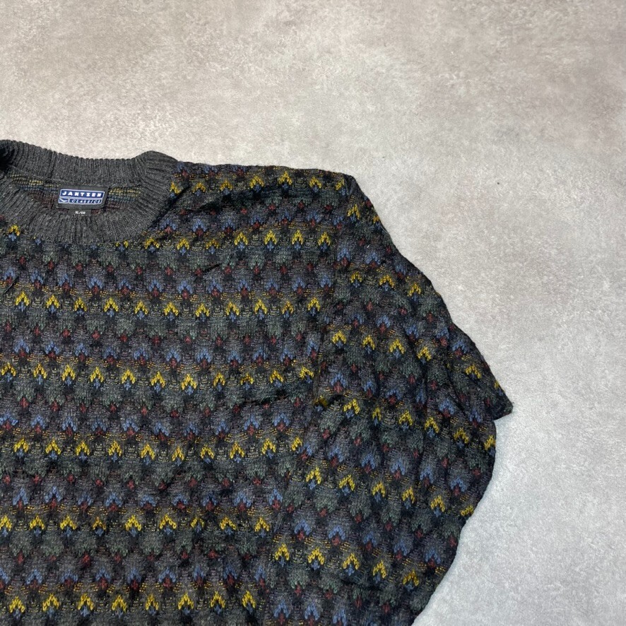 Vintage Knitted Jumper Mens XL Aztec Patterned Crew Neck Sweater, Grey image 2