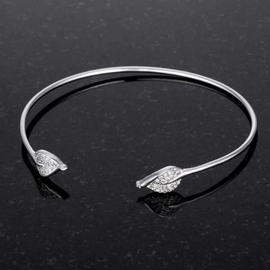 Women's Fine Open Cuff Style Leaf Design Bangle Bracelet In 935
