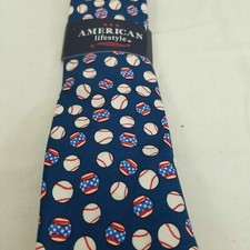 American Lifestyle Baseballs Blue NECKTIE  USA Flag  NWT 100 Cotton  NEW  