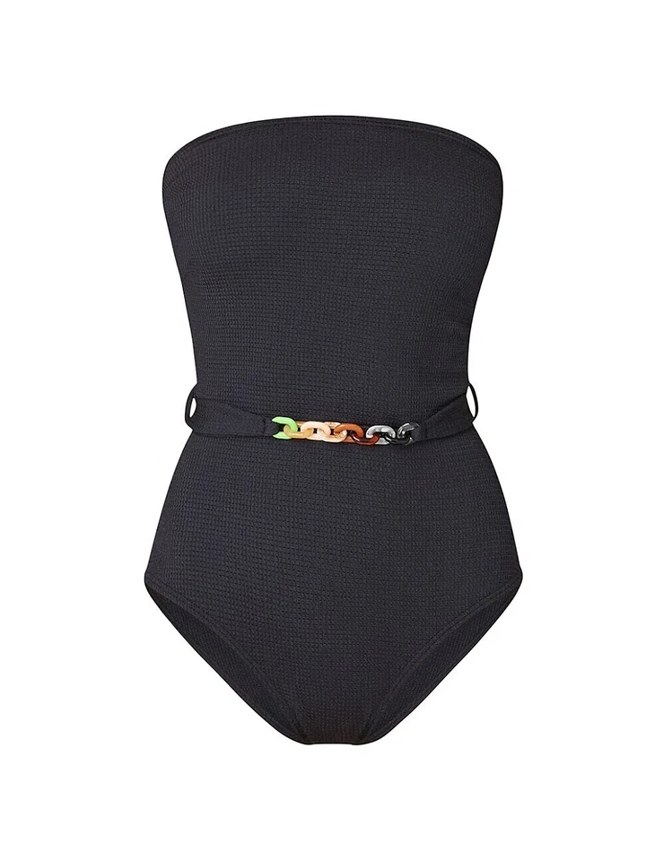 Traje de baño Shoshanna Hive texturizado bandeau con cinturón de una pieza, negro, 4, 6 Foto 3 de 4