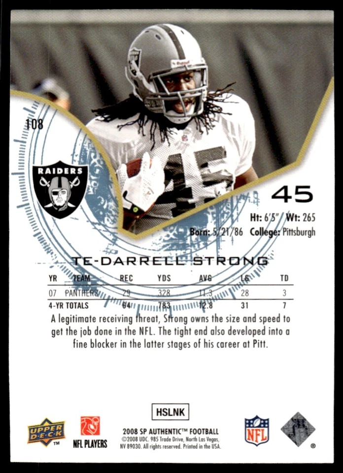 2008 SP Authentic Darrell Strong Rookie 0149/1399 Oakland Raiders #108 R89 - Image 2 of 2