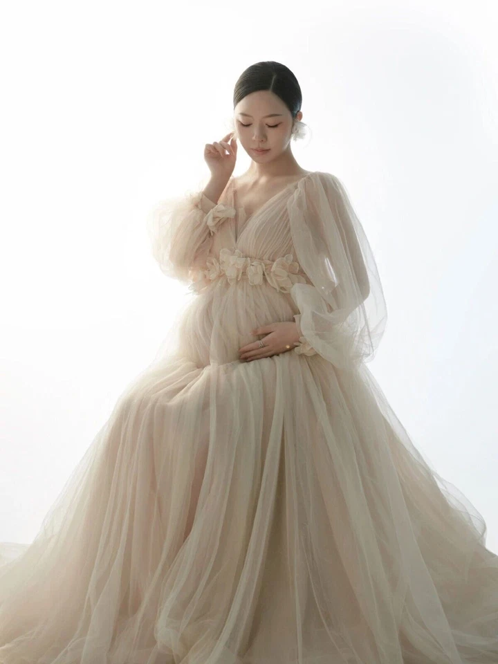 Maternity Dresses for Photo Shoot Long Sleeve Tulle Floral Maxi Gowns Dress  - Image 4 of 4