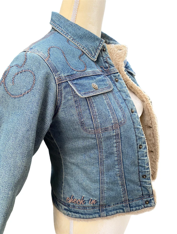 Chaqueta vaquera vintage de diseño italiano a cuadros para niñas talla 128 forrada de piel sintética Foto 4 de 4