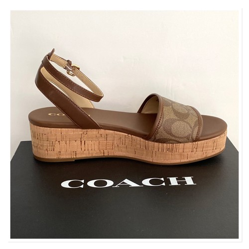 COACH Tullie Signature wedge Sandals Saddle/Khaki Size 9