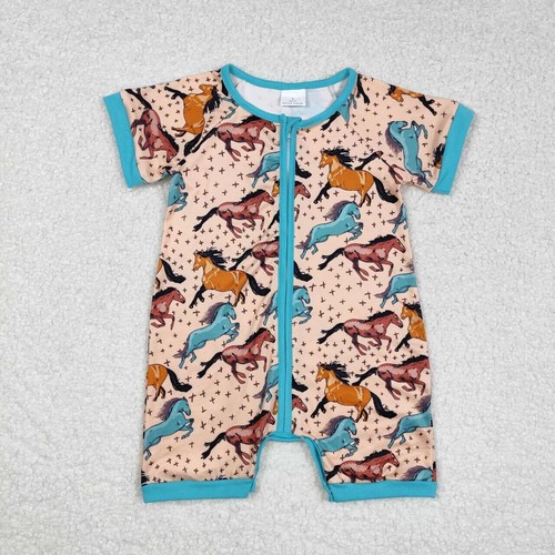 Western Cowboys Baby Boy Summer Short Sleeve Zip Romper - Picture 2 of 9