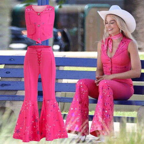 Girls Barbie Costume Pink Vest Long Pants Outfit Sets Halloween Party Dress Up - Afbeelding 1 van 12