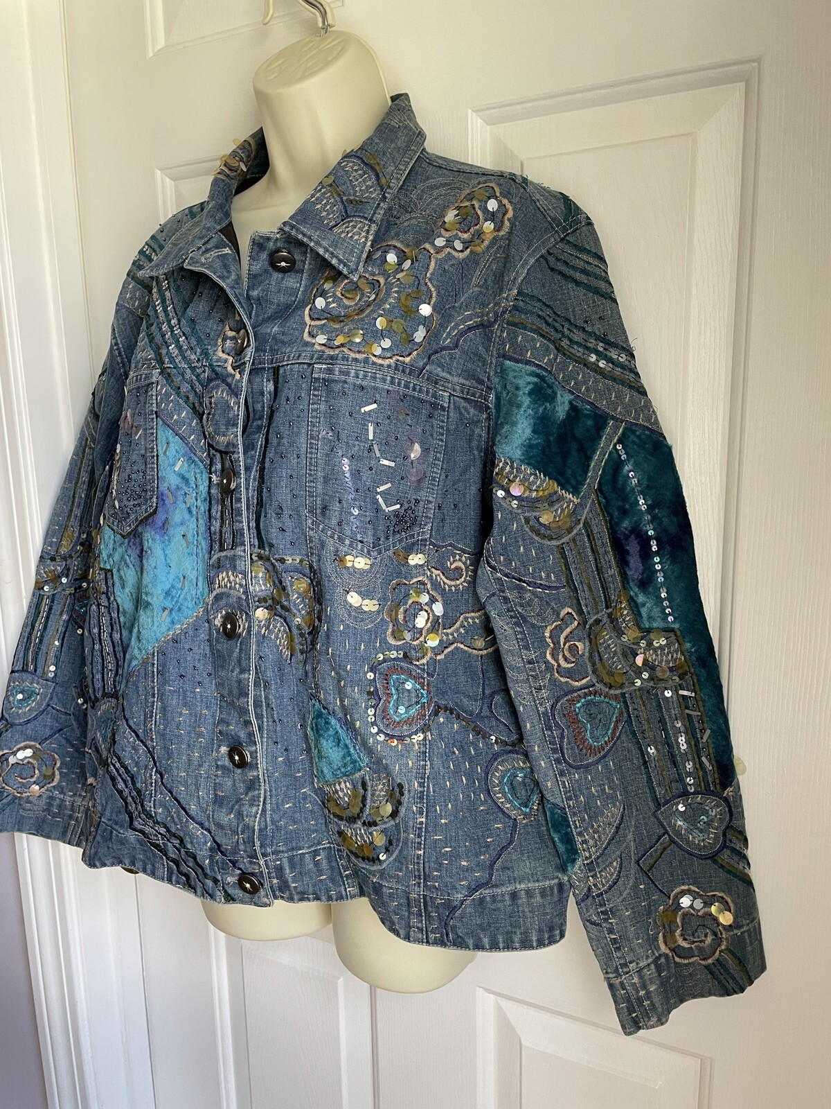Chico's 2 Denim Jacket Cotton Blue Patchwork Embr… - image 3