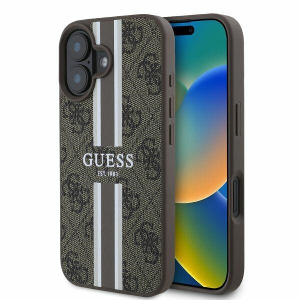 Case IPHONE 16 Guess Faux Leather Pattern Braun Logo Golden Magsafe