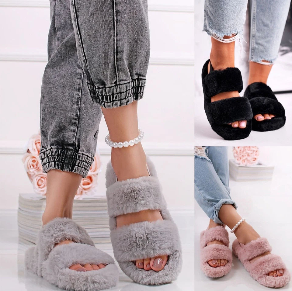 LADIES WOMENS FLAT FLUFFY FAUX FUR WARM COMFY SLIDERS SLIPPER SANDALS SIZE 3-8 U